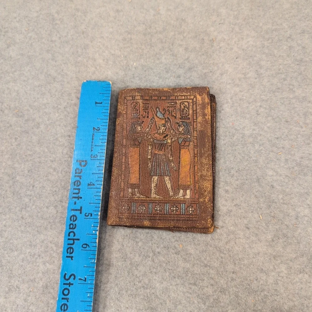 Vintage Egyptian Revival Hand Painted Leather Bifold Wallet Brown Camel Leather